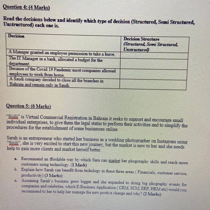 Question 4: (4 Marks) Read the decisions below