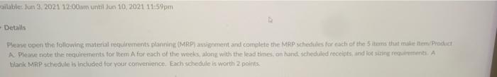 Material Requirements Planning Assignment 6 The