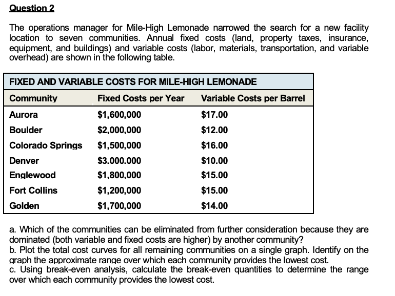 Question 2 The operations manager for Mile-High