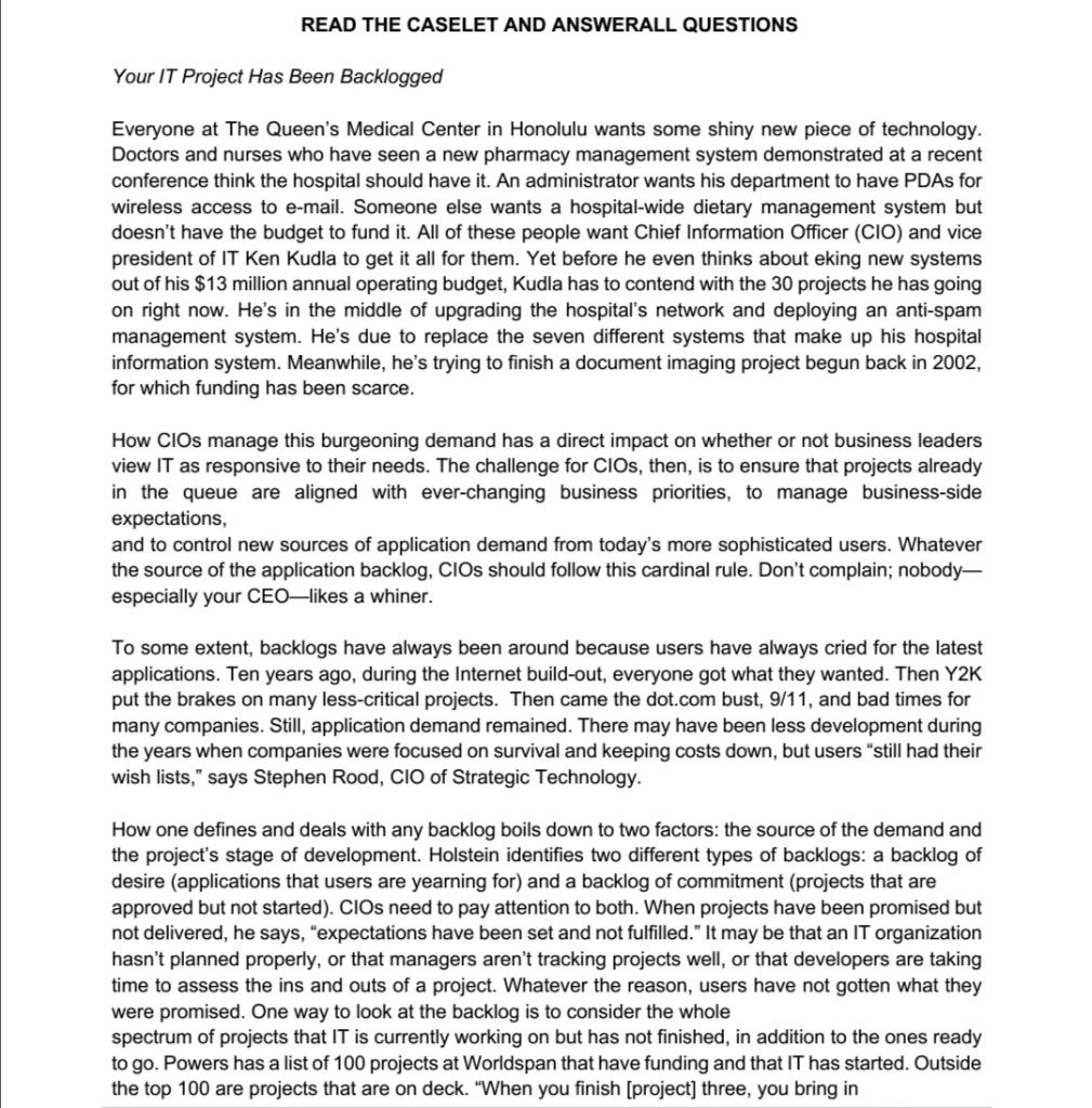 READ THE CASELET AND ANSWERALL QUESTIONS Your IT