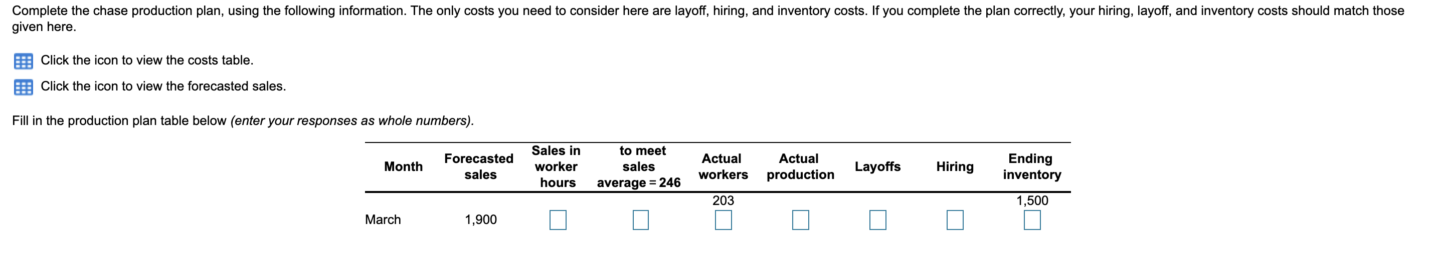 Complete the chase production plan, using the