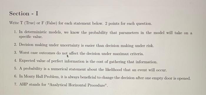 Section - I Write T (True) or F (False) for each