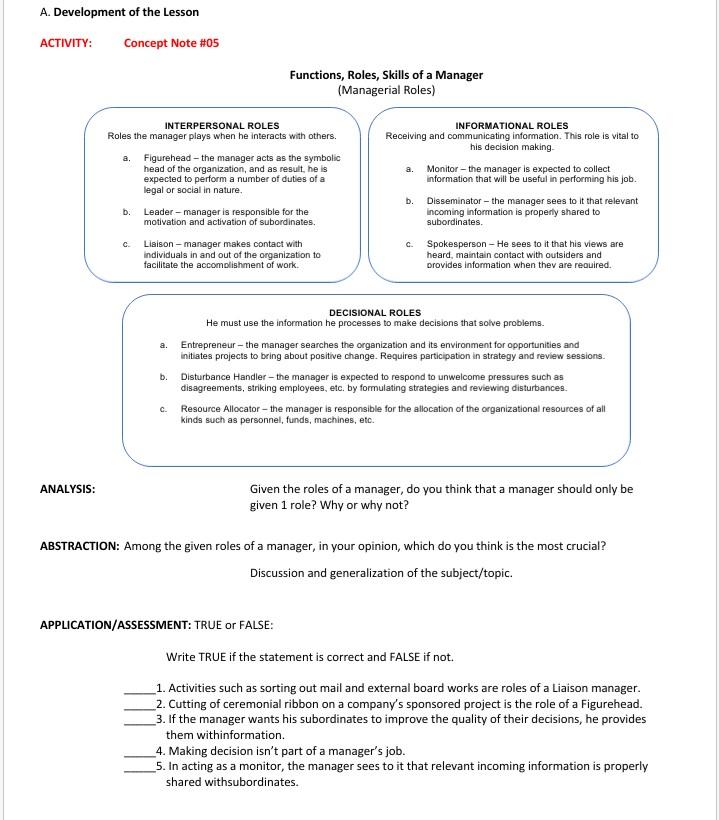 A. Development of the Lesson ACTIVITY: Concept