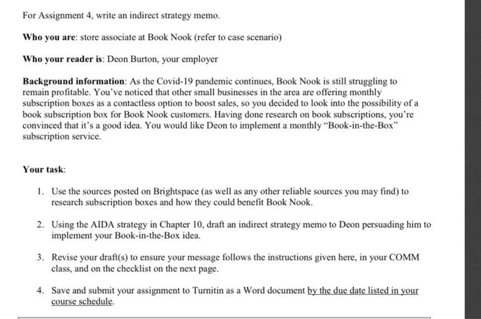 For Assignment 4, write an indirect strategy
