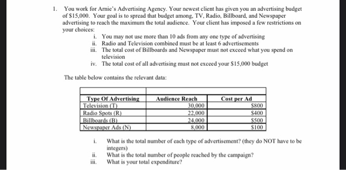 1. You work for Arnie's Advertising Agency. Your