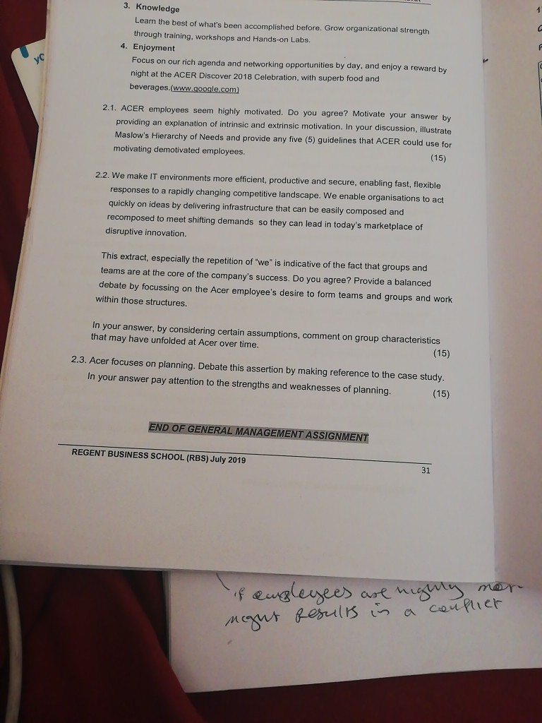 Question 2.1 to 2.3 of general management 3.