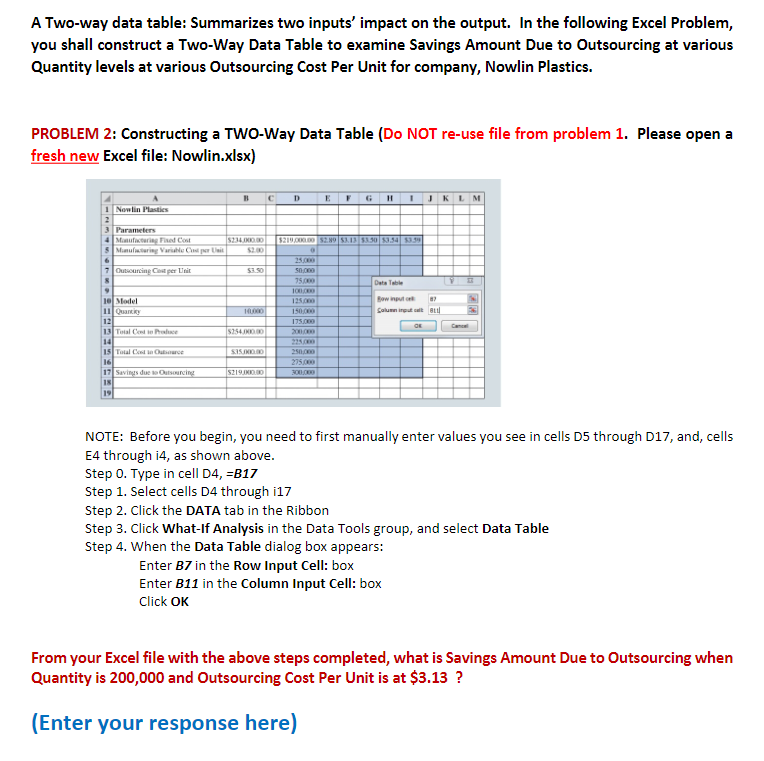 A Two-way data table: Summarizes two inputs'