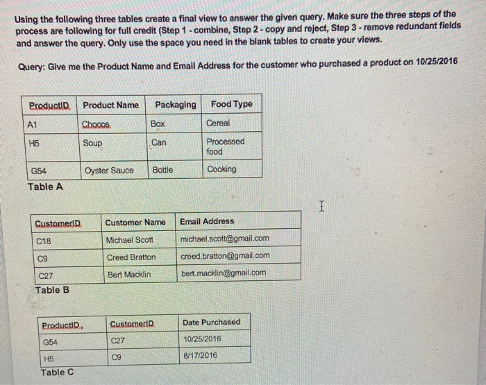 Using the following three tables create a final