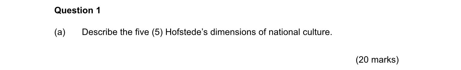 Question 1 (a) Describe the five (5) Hofstede's