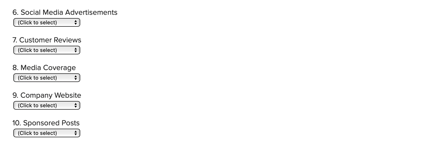 This is the answer choices for each question