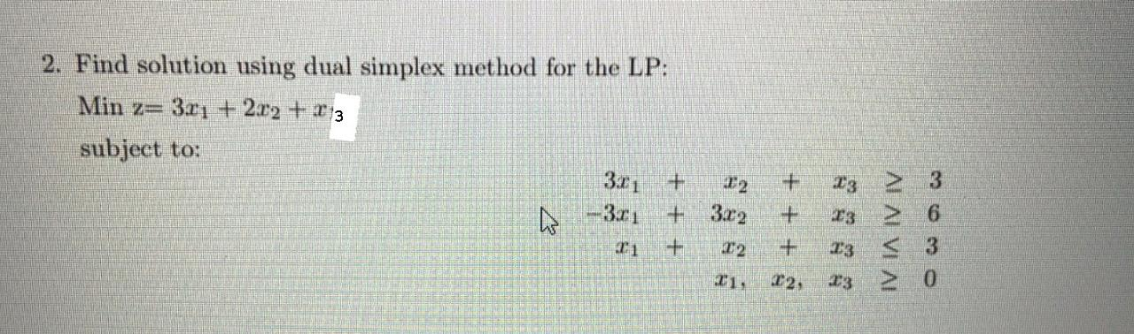 2. Find solution using dual simplex method for