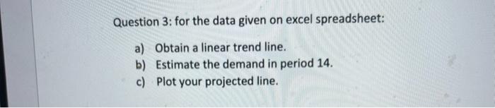 Question 3: for the data given on excel