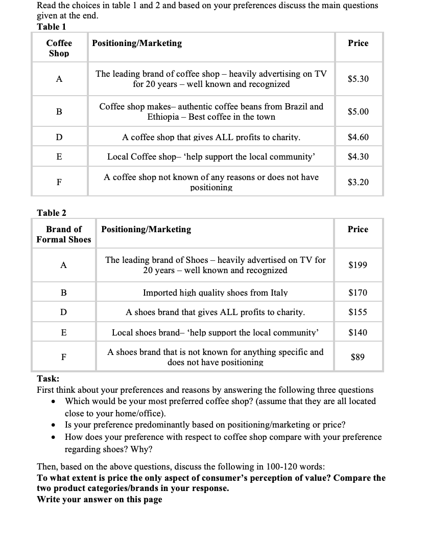 Read the choices in table 1 and 2 and based on