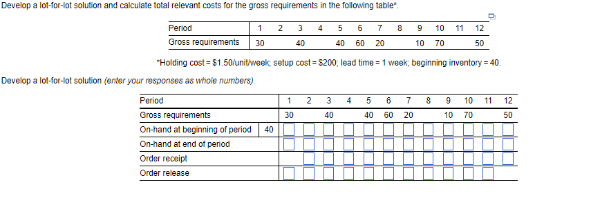 Develop a lot-for-lot solution and calculate