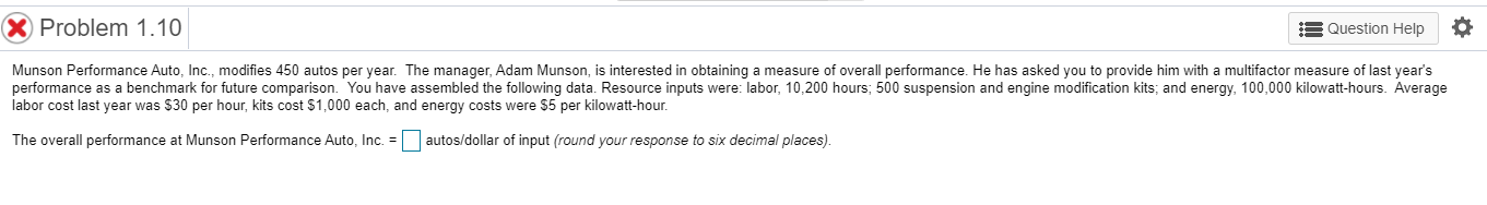 X Problem 1.10 s Question Help Munson Performance