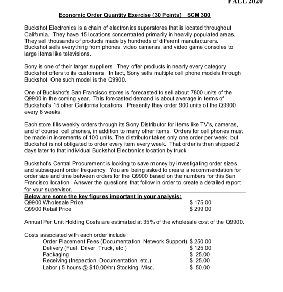 Economic Order Quantity Exercise (30 Points) SCM