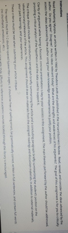 Instructions Read Marketing Myopia, an article