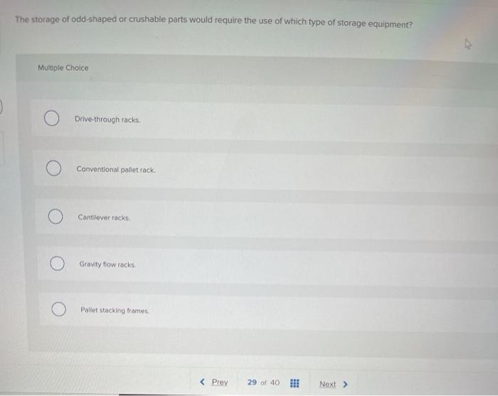 The storage of odd-shaped or crushable parts