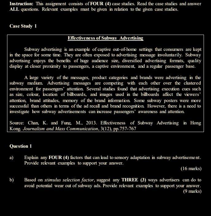 Instruction: This assignment consists of FOUR (4)