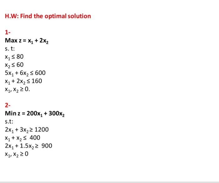 H.W: Find the optimal solution 1- Max z = x + 2x