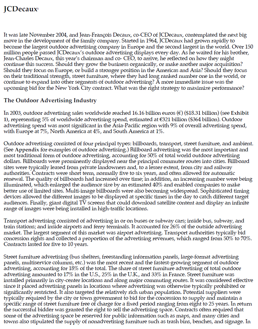 QUESTION 1: JCDecaux's competitive advantage