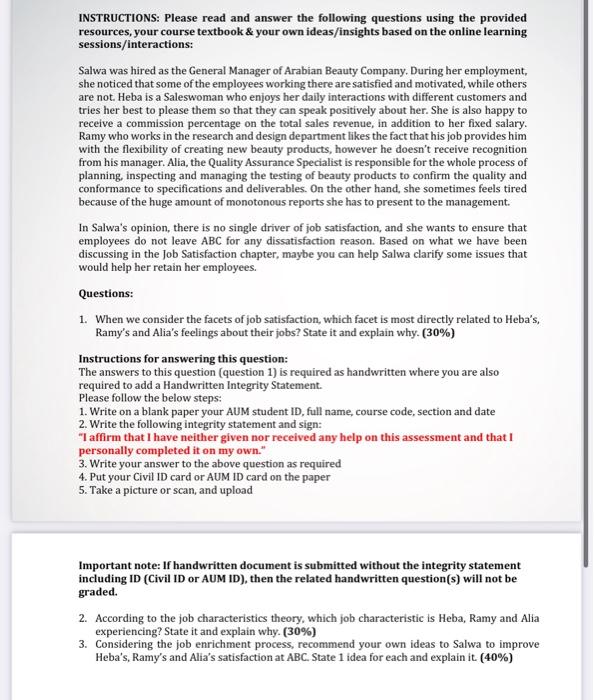 INSTRUCTIONS: Please read and answer the