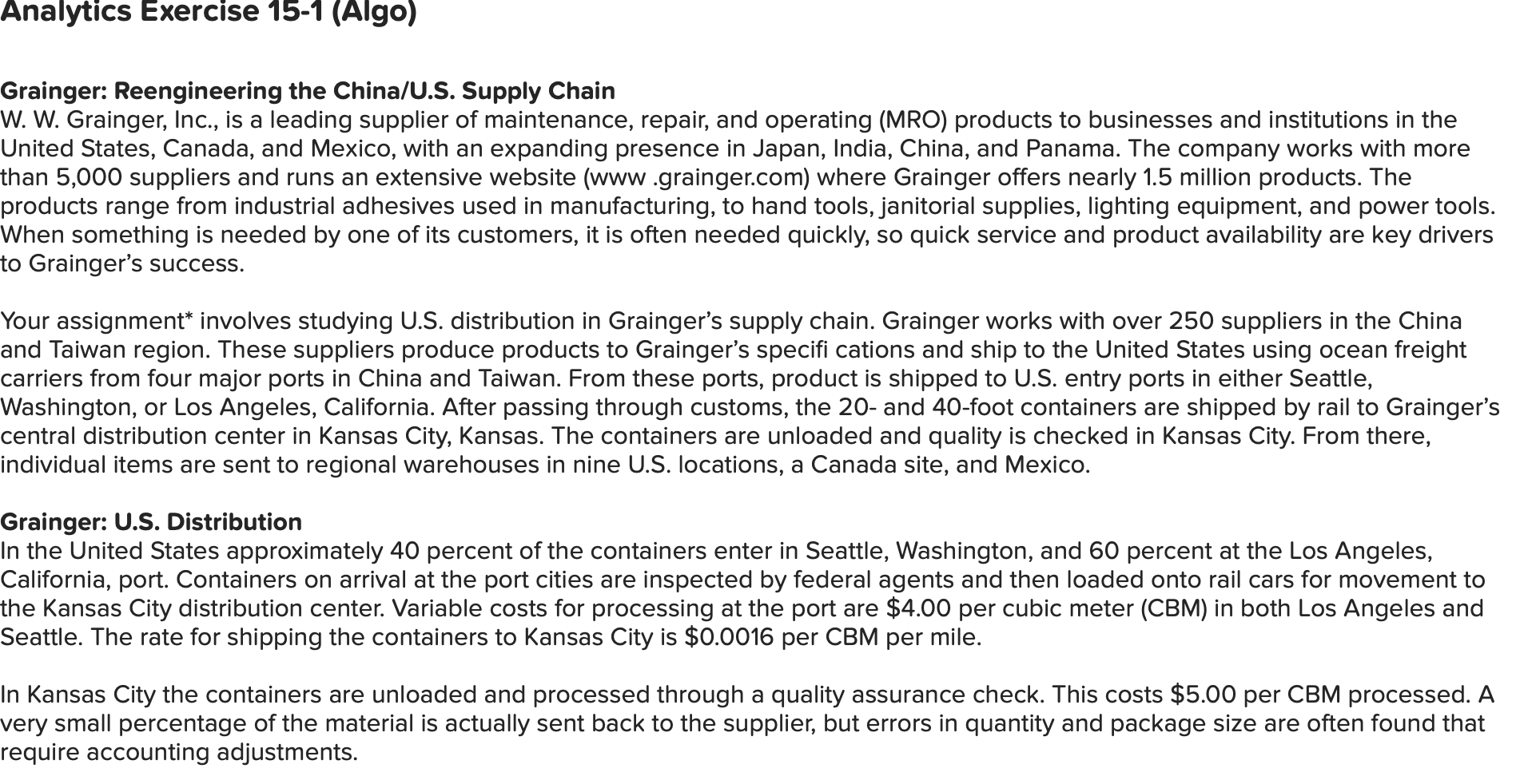 Analytics Exercise 15-1 (Algo) Grainger: