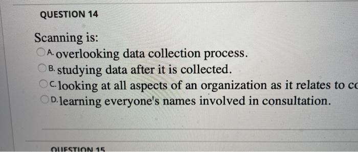 QUESTION 14 Scanning is: A. overlooking data