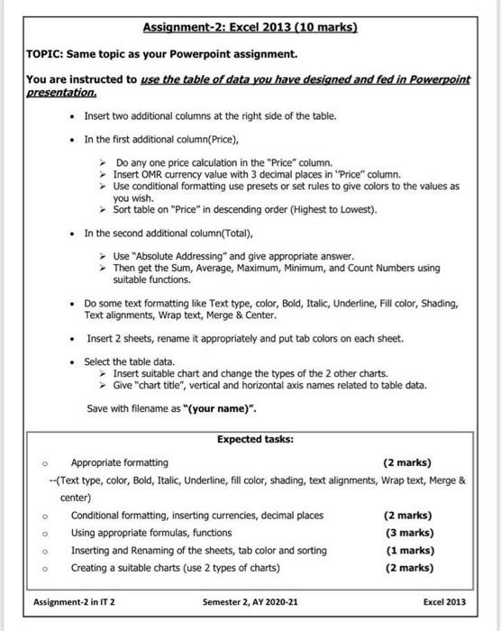 Assignment-2: Excel 2013 (10 marks) TOPIC: Same