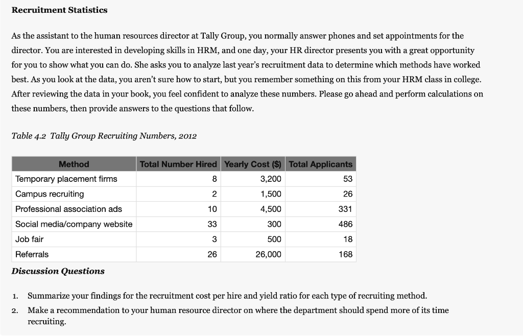 Recruitment Statistics As the assistant to the
