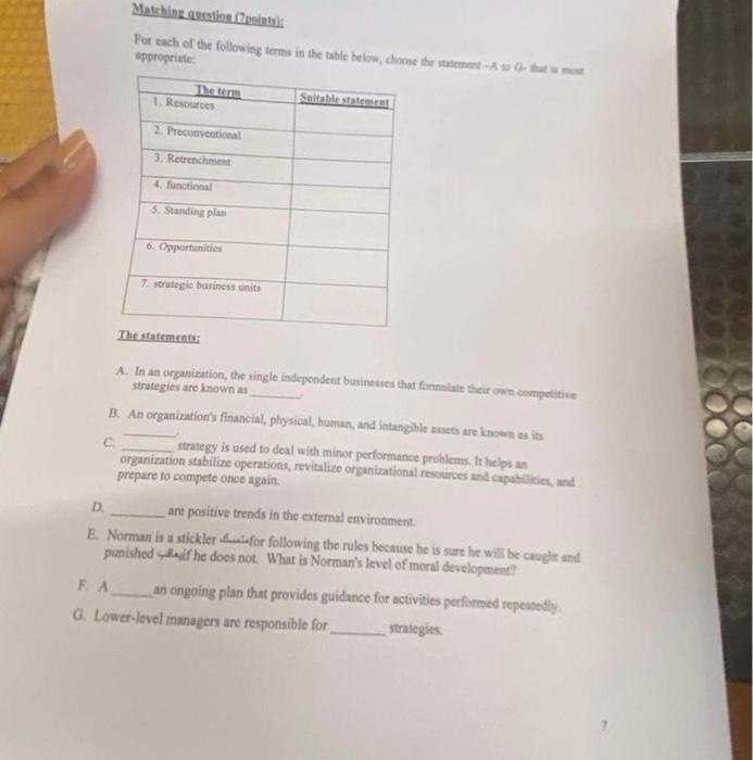 Matching question (7points): For each of the