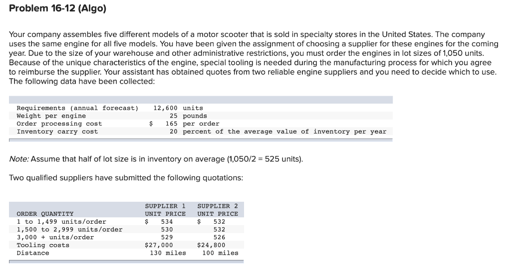 Problem 16-12 (Algo) Your company assembles five