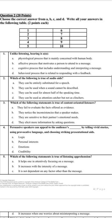Question 2 (20 Points) Choose the correct answer