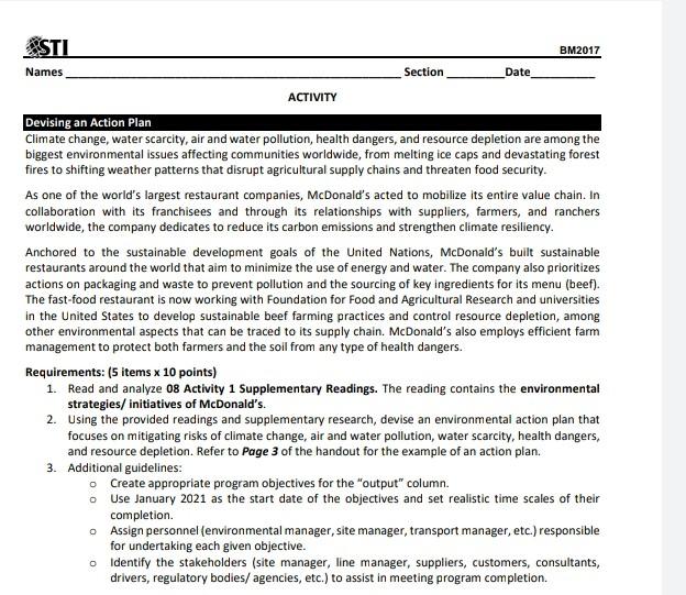 I need the answer asap BM2017 Section ASTI Names