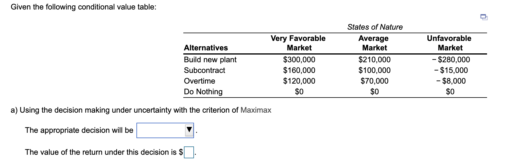 Given the following conditional value table: