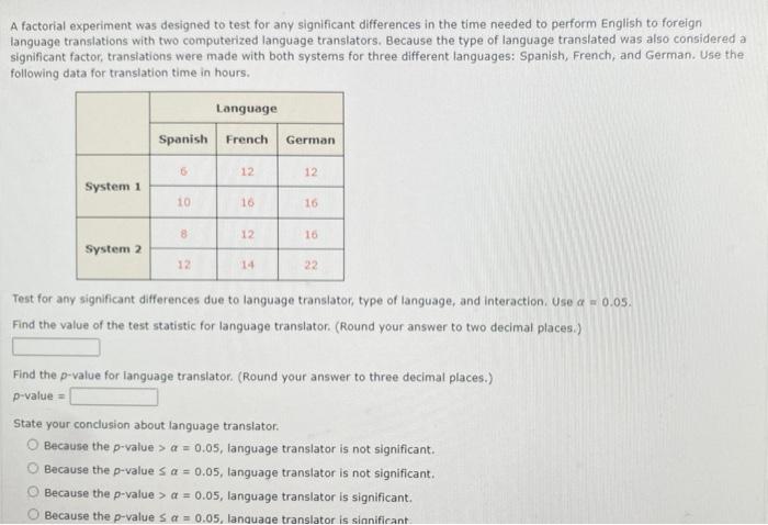 A factorial experiment was designed to test for