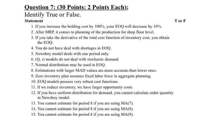 Question 7: (30 Points: 2 Points Each); Identify