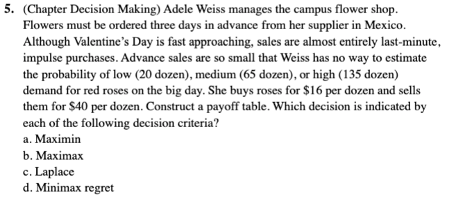 5. (Chapter Decision Making) Adele Weiss manages