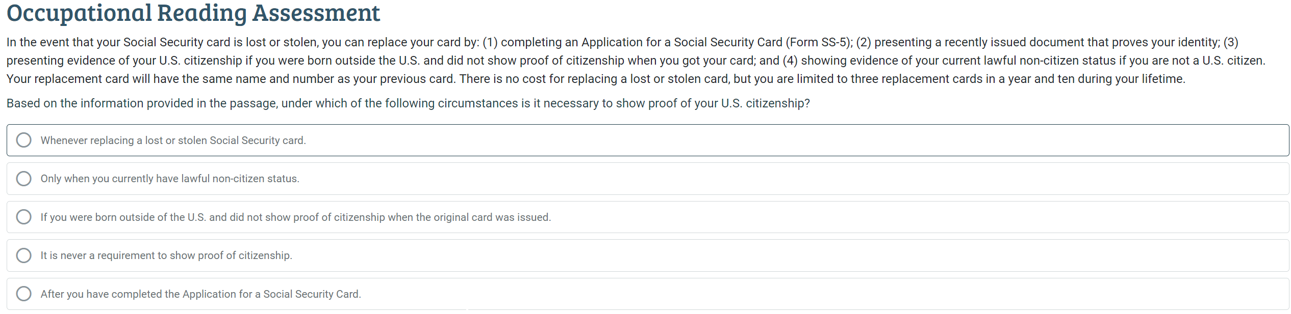 Occupational Reading Assessment In the event that