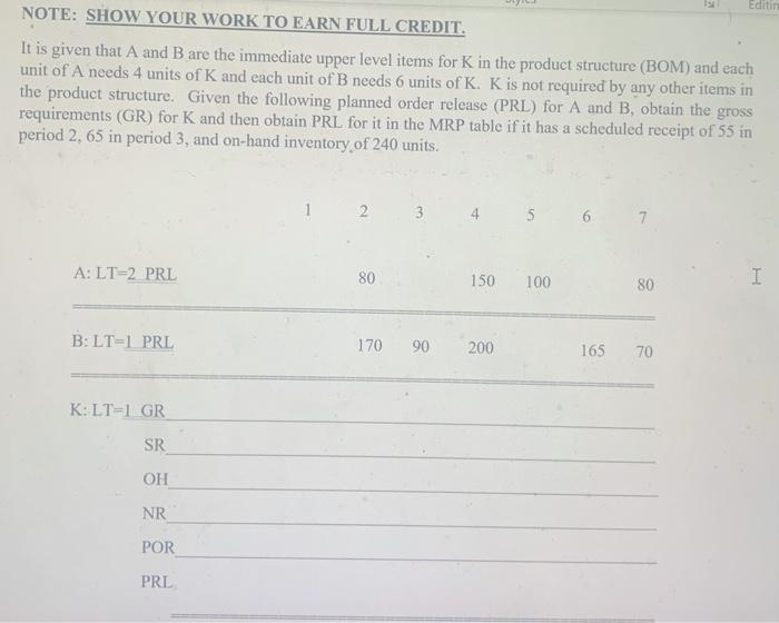 Editin NOTE: SHOW YOUR WORK TO EARN FULL CREDIT.