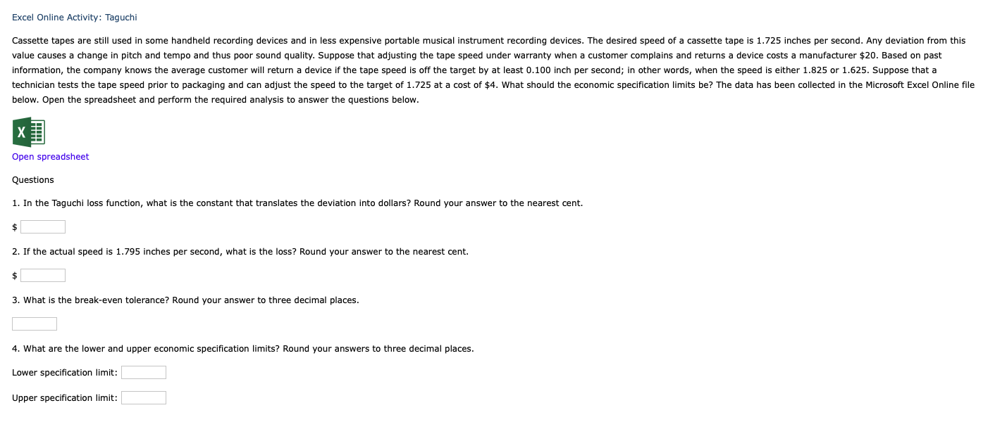 please answer Excel Online Activity: Taguchi