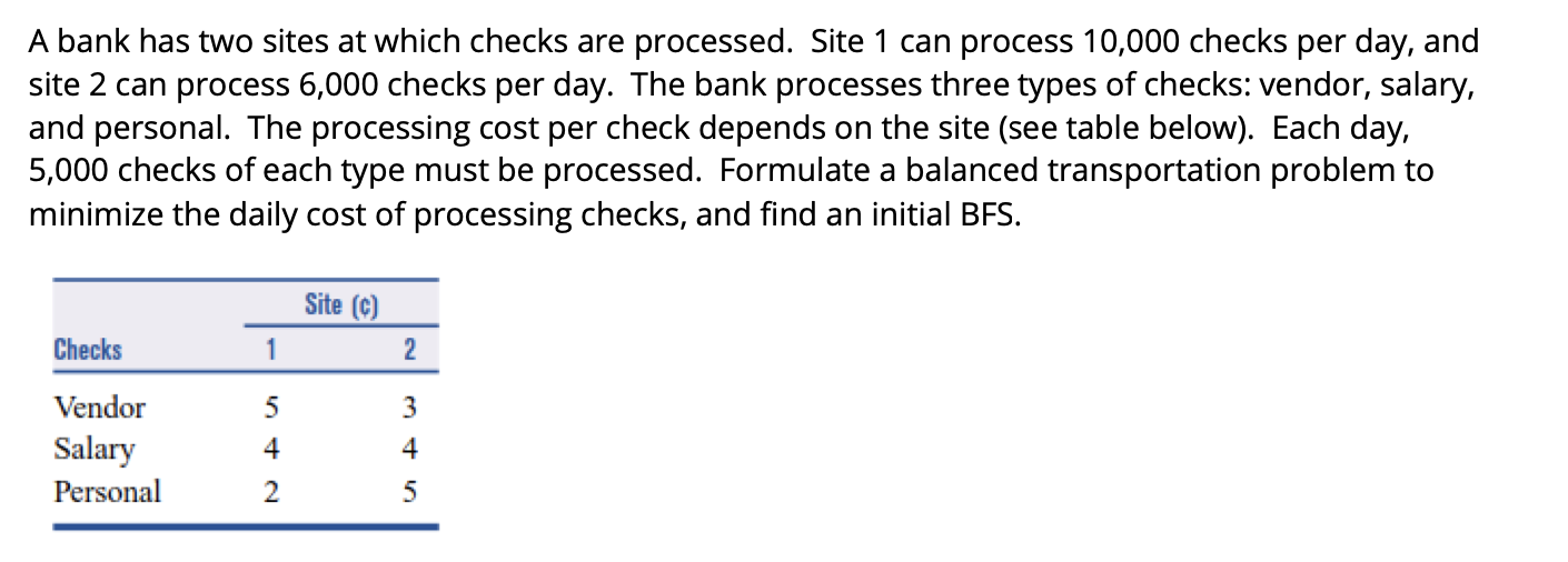 A bank has two sites at which checks are