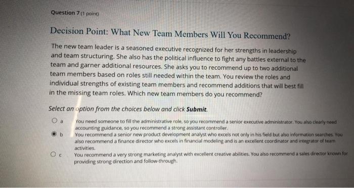 Question 70 point) Decision Point: What New Team