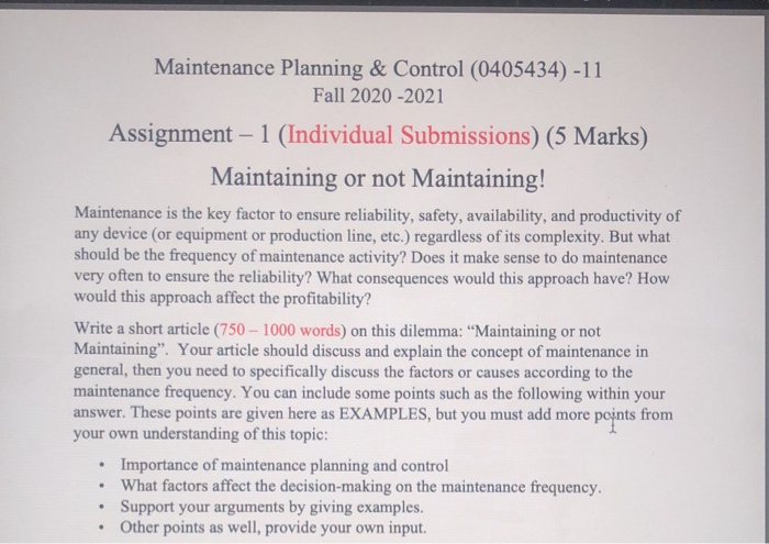 Maintenance Planning & Control (0405434) -11 Fall