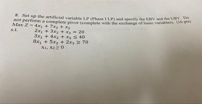 8. Set up the artificial variable LP (Phase I LP)