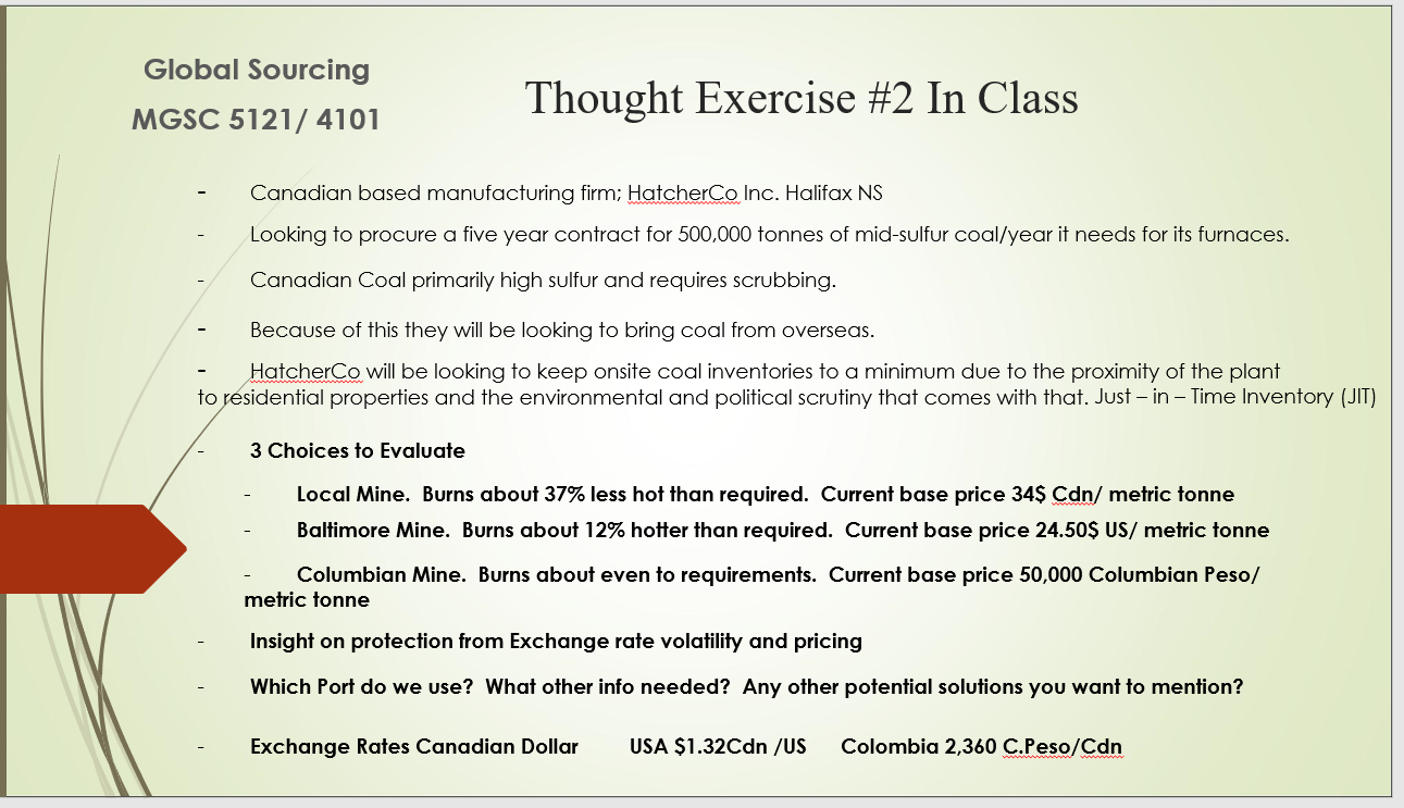 Global Sourcing MGSC 5121/ 4101 Thought Exercise