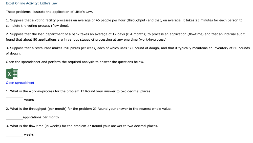 Excel Online Activity: Little's Law These