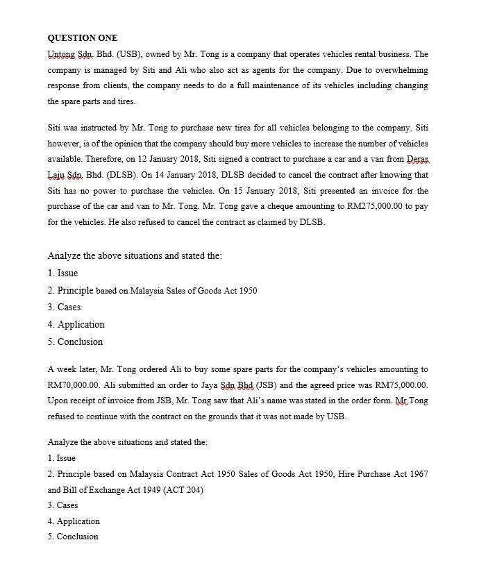 QUESTION ONE Untong Sdn. Bhd. (USB), owned by Mr.