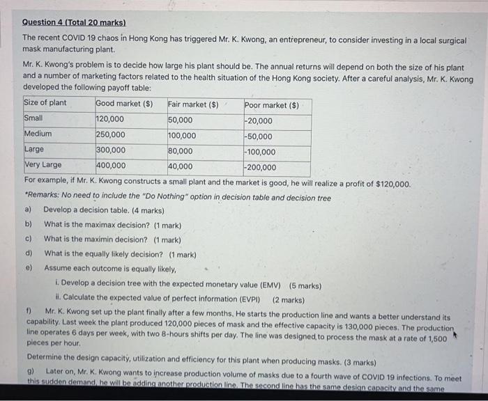 Question 4 (Total 20 marks) The recent COVID 19