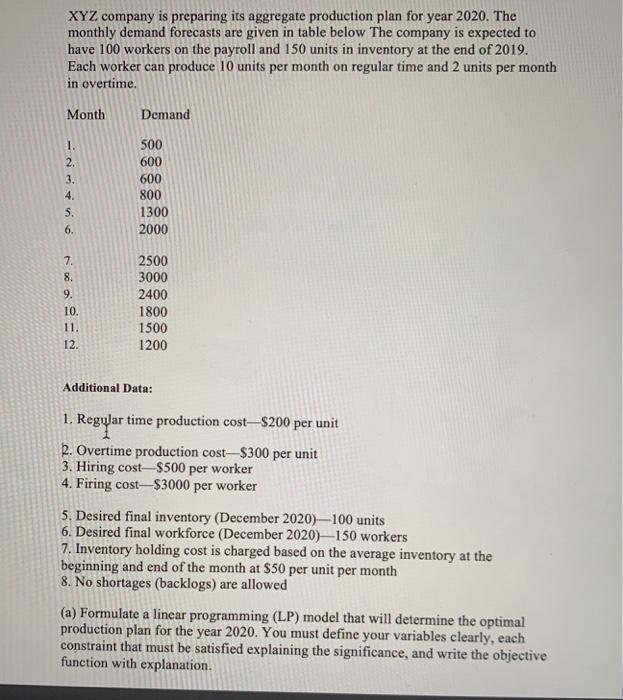 operation research XYZ company is preparing its